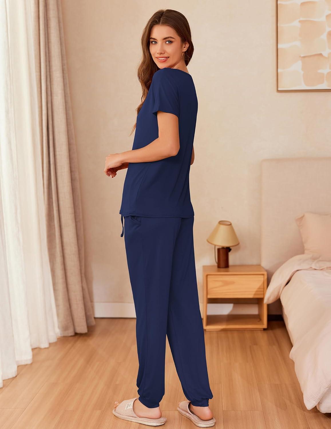 imageEkouaer Womens Pajama Sets Short Sleeve Lounge Sets for Women Printed Jogger Pajama Set 2 Piece Pj Sets With Pockets SXXLNavy Blue