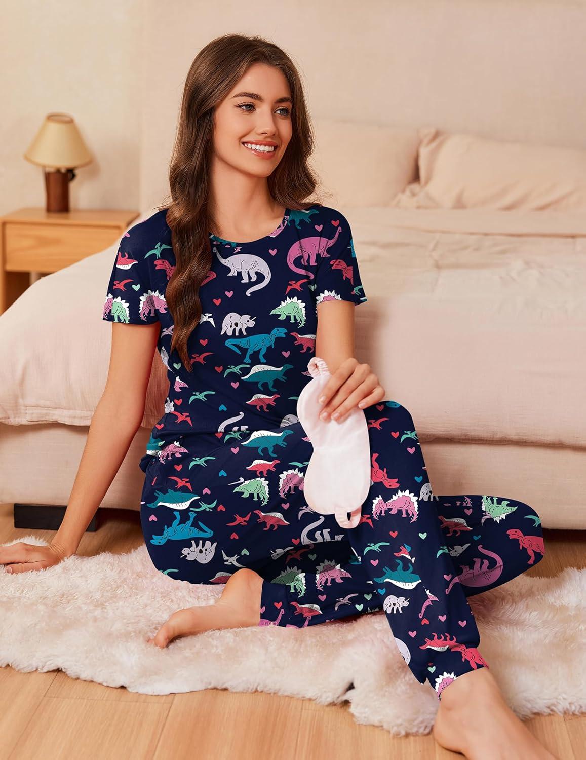imageEkouaer Womens Pajama Sets Short Sleeve Lounge Sets for Women Printed Jogger Pajama Set 2 Piece Pj Sets With Pockets SXXLNavy Blue Dinosaur