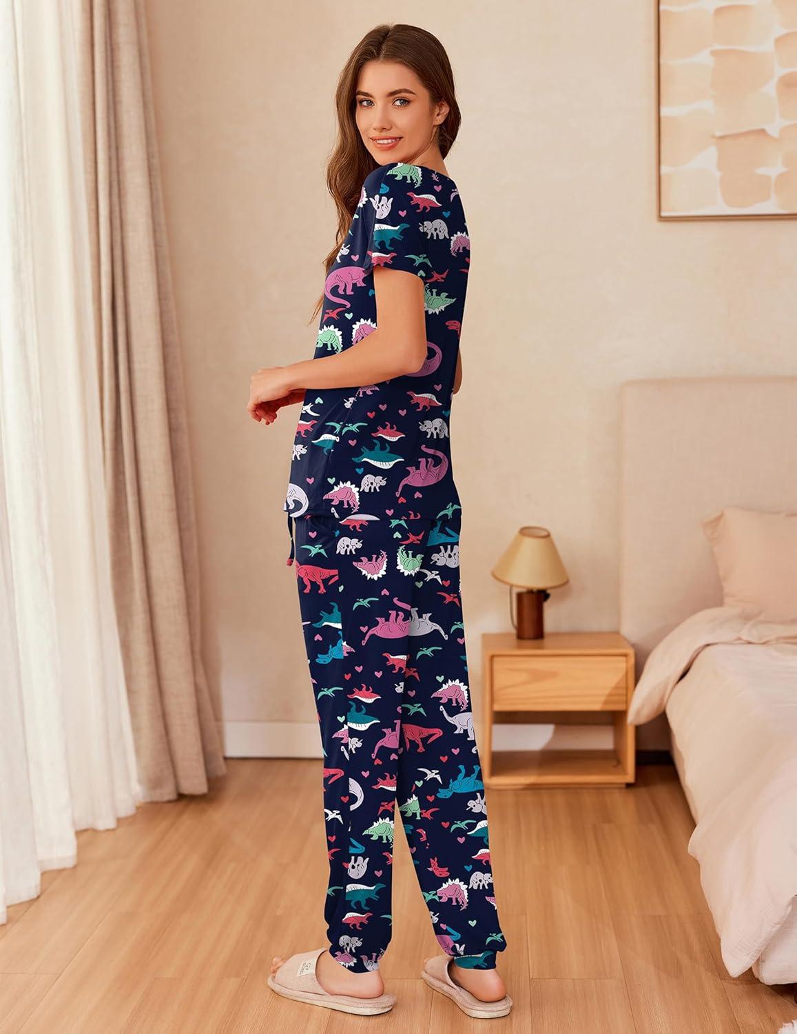 imageEkouaer Womens Pajama Sets Short Sleeve Lounge Sets for Women Printed Jogger Pajama Set 2 Piece Pj Sets With Pockets SXXLNavy Blue Dinosaur