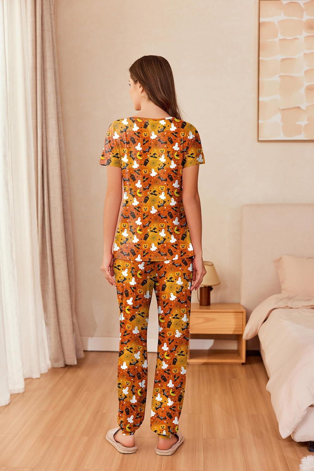 imageEkouaer Womens Pajama Sets Short Sleeve Lounge Sets for Women Printed Jogger Pajama Set 2 Piece Pj Sets With Pockets SXXLOrange Halloween Pattern