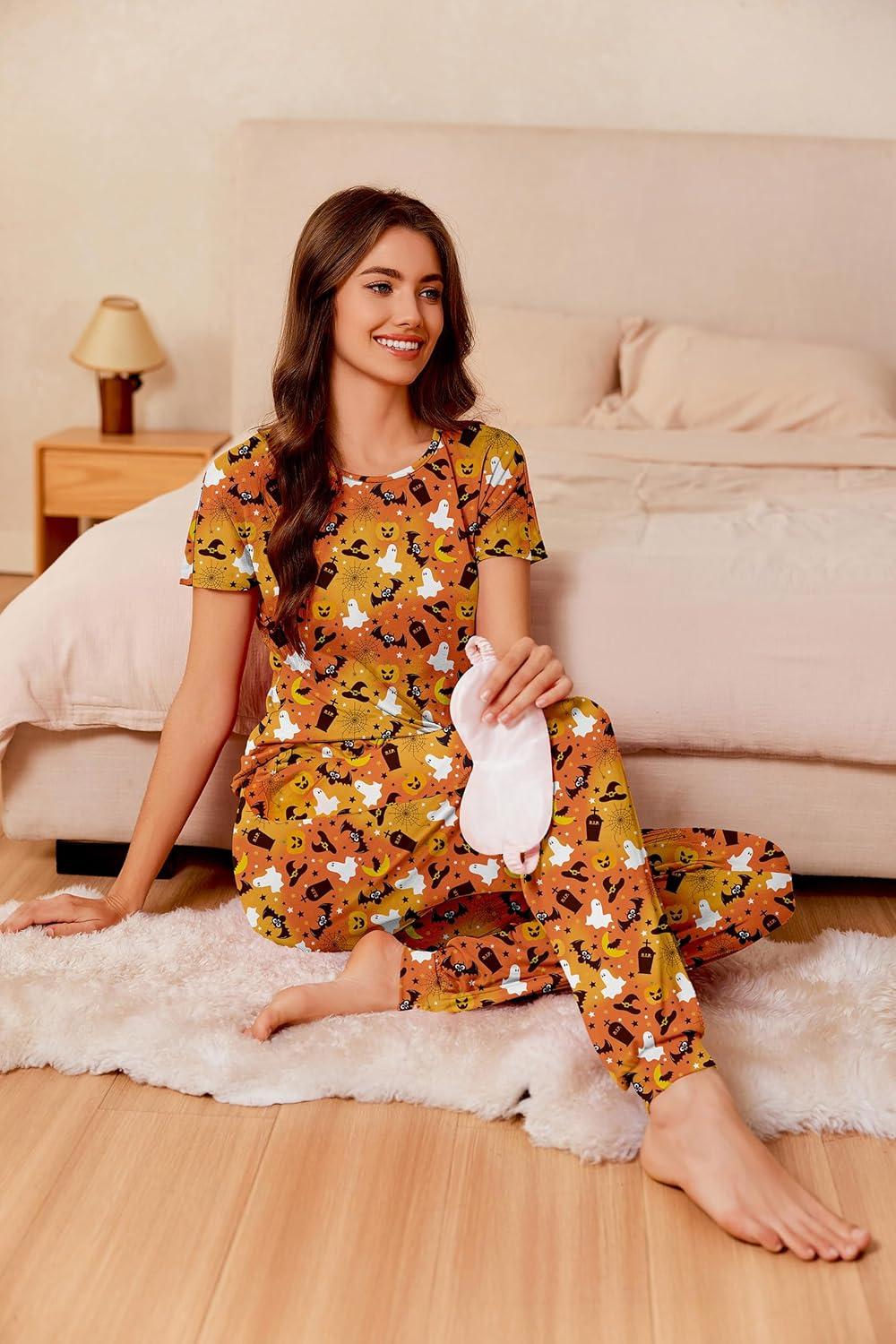 imageEkouaer Womens Pajama Sets Short Sleeve Lounge Sets for Women Printed Jogger Pajama Set 2 Piece Pj Sets With Pockets SXXLOrange Halloween Pattern