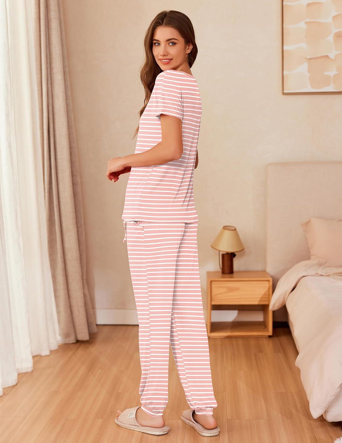 imageEkouaer Womens Pajama Sets Short Sleeve Lounge Sets for Women Printed Jogger Pajama Set 2 Piece Pj Sets With Pockets SXXLPink Stripe