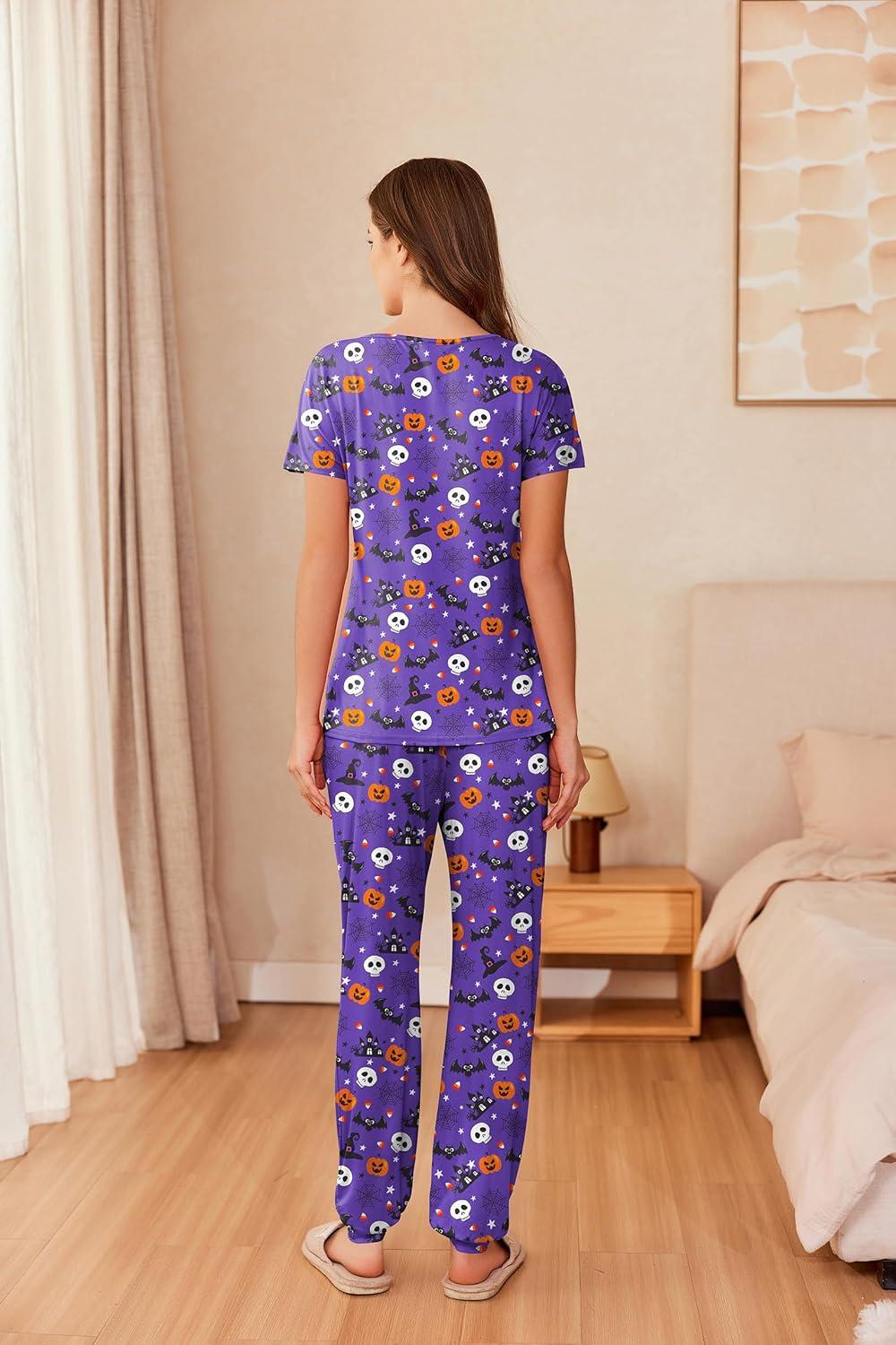 imageEkouaer Womens Pajama Sets Short Sleeve Lounge Sets for Women Printed Jogger Pajama Set 2 Piece Pj Sets With Pockets SXXLPurple Halloween Pattern
