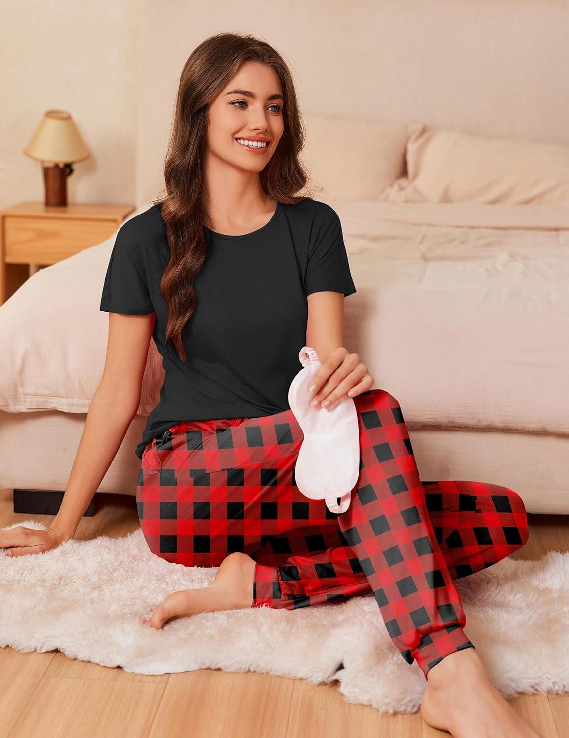 imageEkouaer Womens Pajama Sets Short Sleeve Lounge Sets for Women Printed Jogger Pajama Set 2 Piece Pj Sets With Pockets SXXLRed Plaid