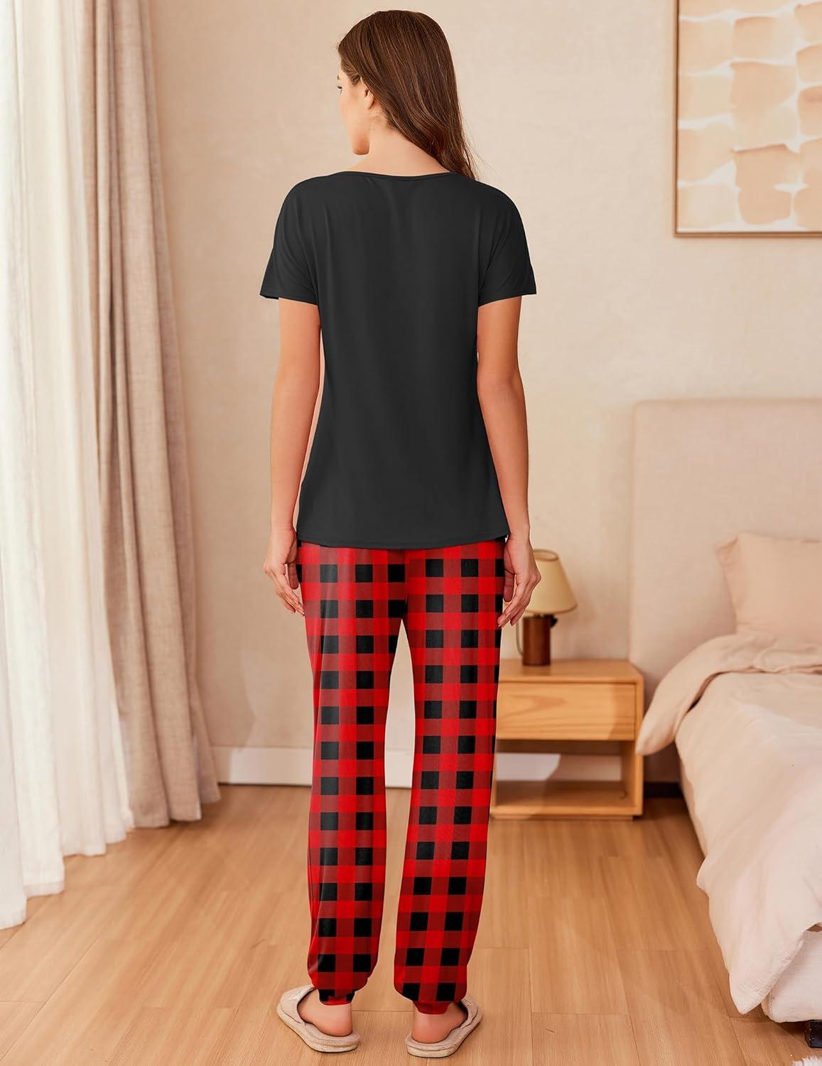 imageEkouaer Womens Pajama Sets Short Sleeve Lounge Sets for Women Printed Jogger Pajama Set 2 Piece Pj Sets With Pockets SXXLRed Plaid