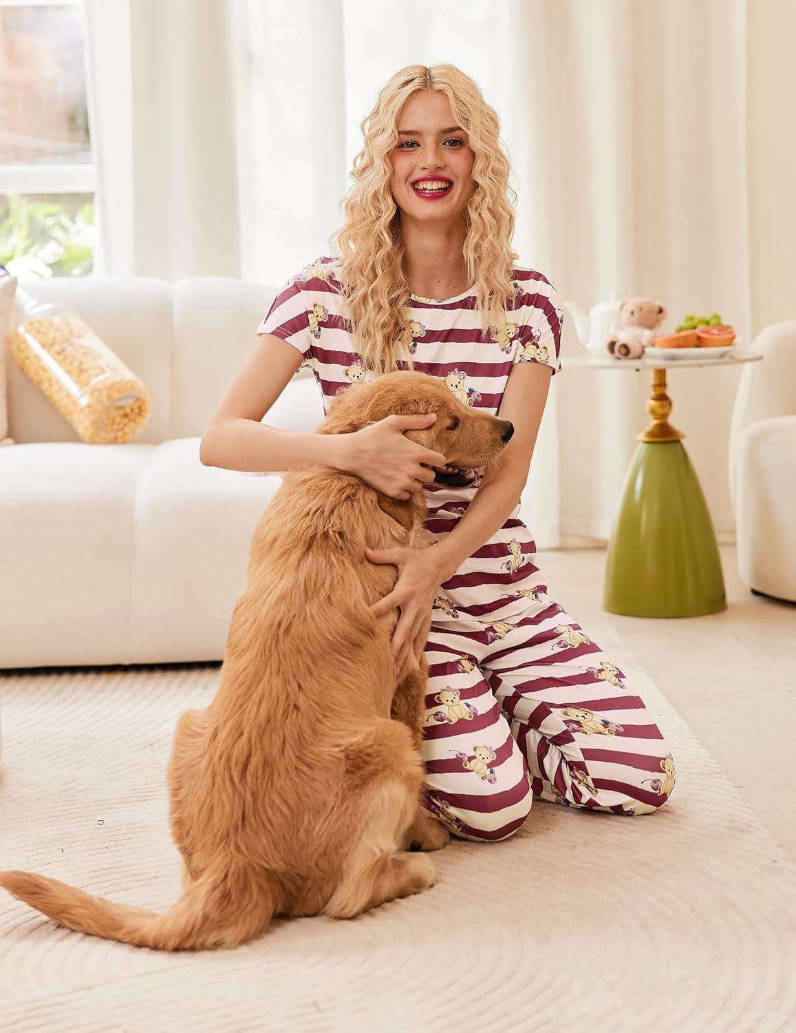 imageEkouaer Womens Pajama Sets Short Sleeve Lounge Sets for Women Printed Jogger Pajama Set 2 Piece Pj Sets With Pockets SXXLStriped Teddy Bear