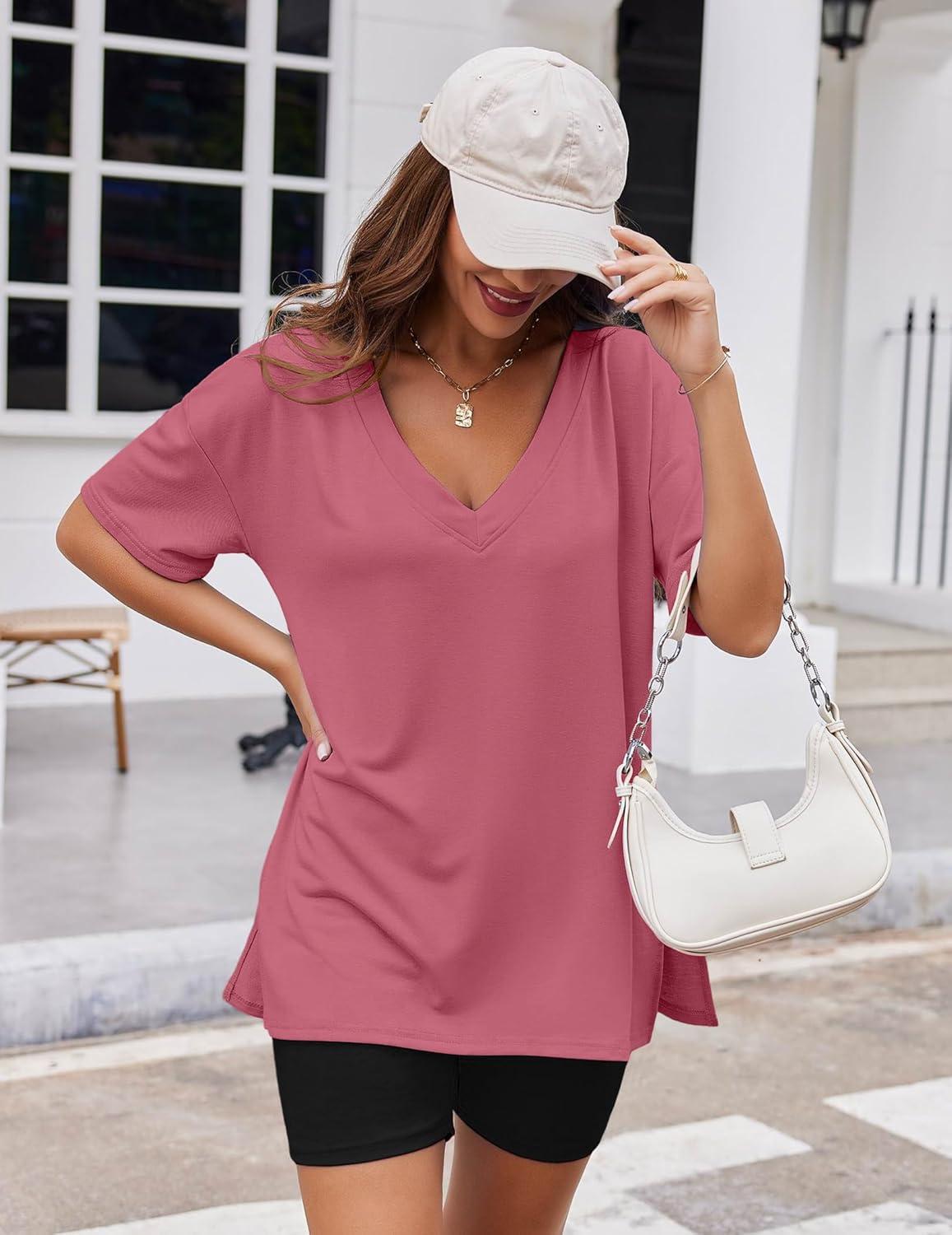 imageEkouaer Womens Pajamas 2 Piece Lounge Sets Oversized V Neck TShirts Tops Biker Shorts Set Workout Reversible Tracksuit SXXLPeach Pink