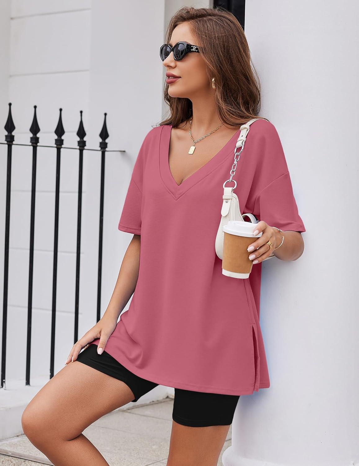 imageEkouaer Womens Pajamas 2 Piece Lounge Sets Oversized V Neck TShirts Tops Biker Shorts Set Workout Reversible Tracksuit SXXLPeach Pink