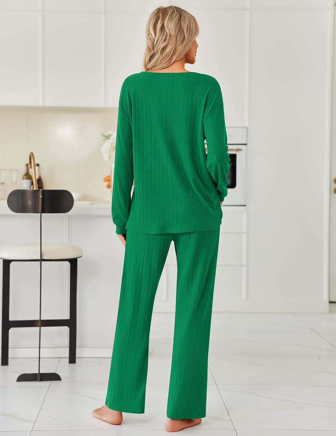 imageEkouaer Womens Pajamas Set 2 Piece Lounge Sets Ribbed Knit Button Down Pjs Set Fleece Long Sleeve SleepwearForest Green