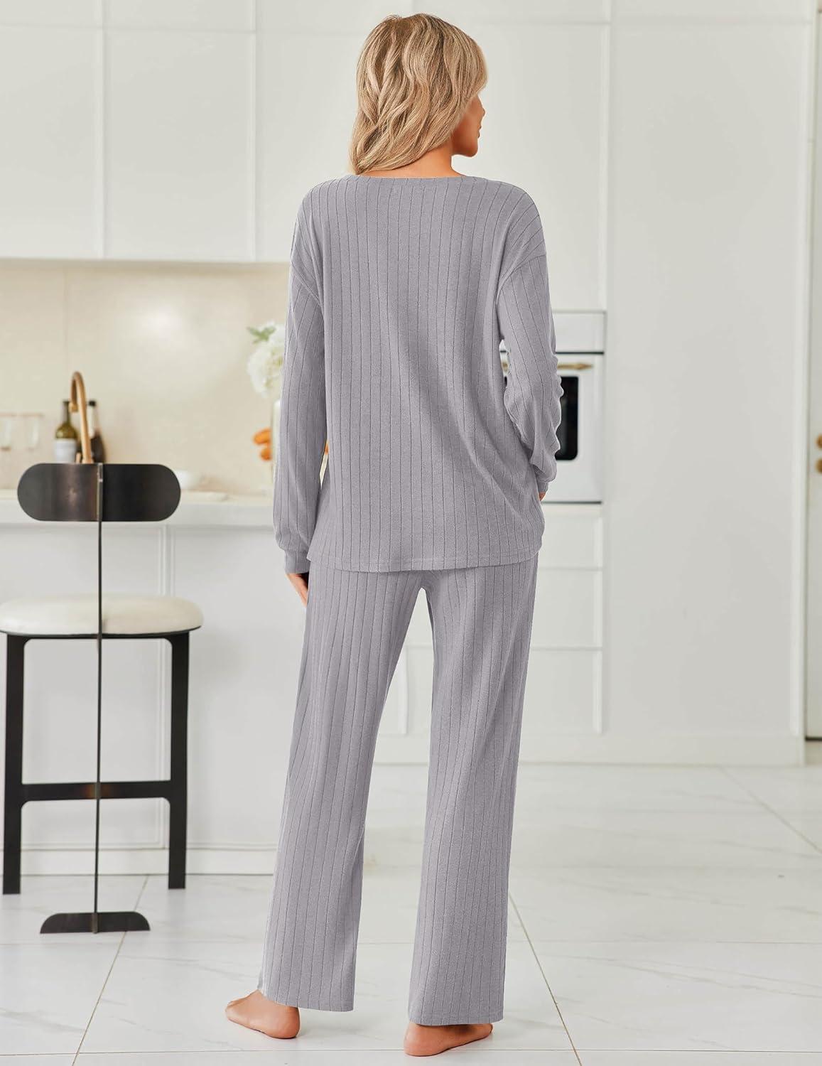 imageEkouaer Womens Pajamas Set 2 Piece Lounge Sets Ribbed Knit Button Down Pjs Set Fleece Long Sleeve SleepwearHeather Gray