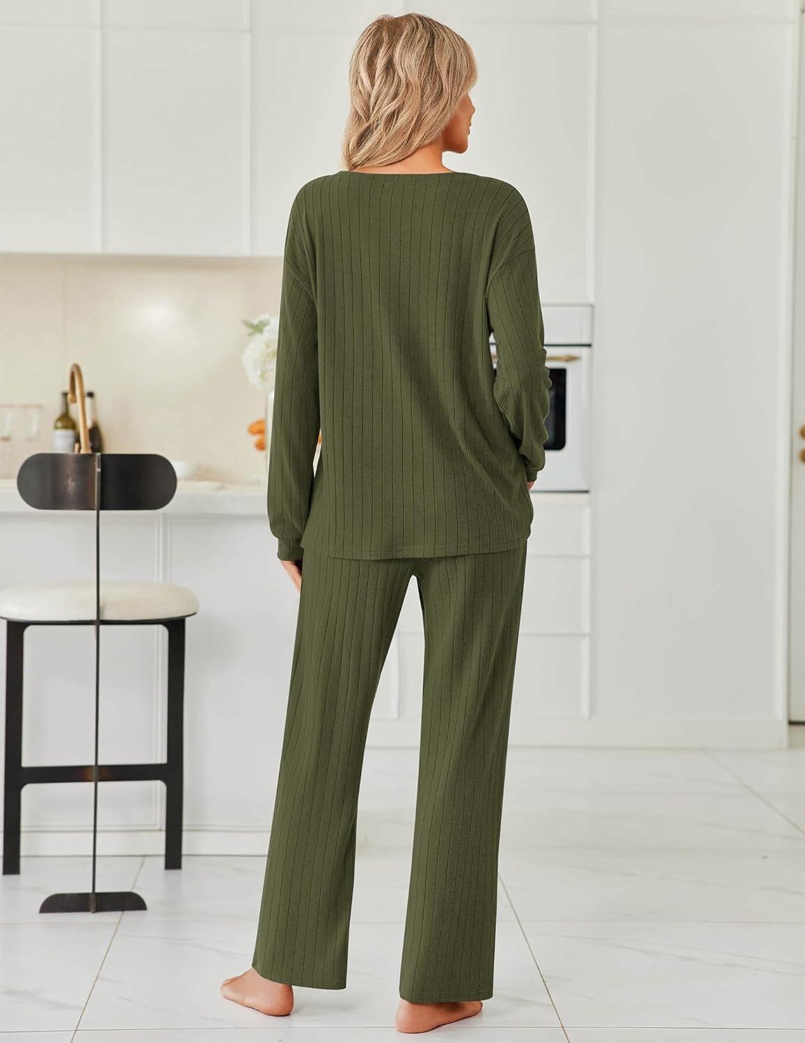 imageEkouaer Womens Pajamas Set 2 Piece Lounge Sets Ribbed Knit Button Down Pjs Set Fleece Long Sleeve SleepwearSage Green