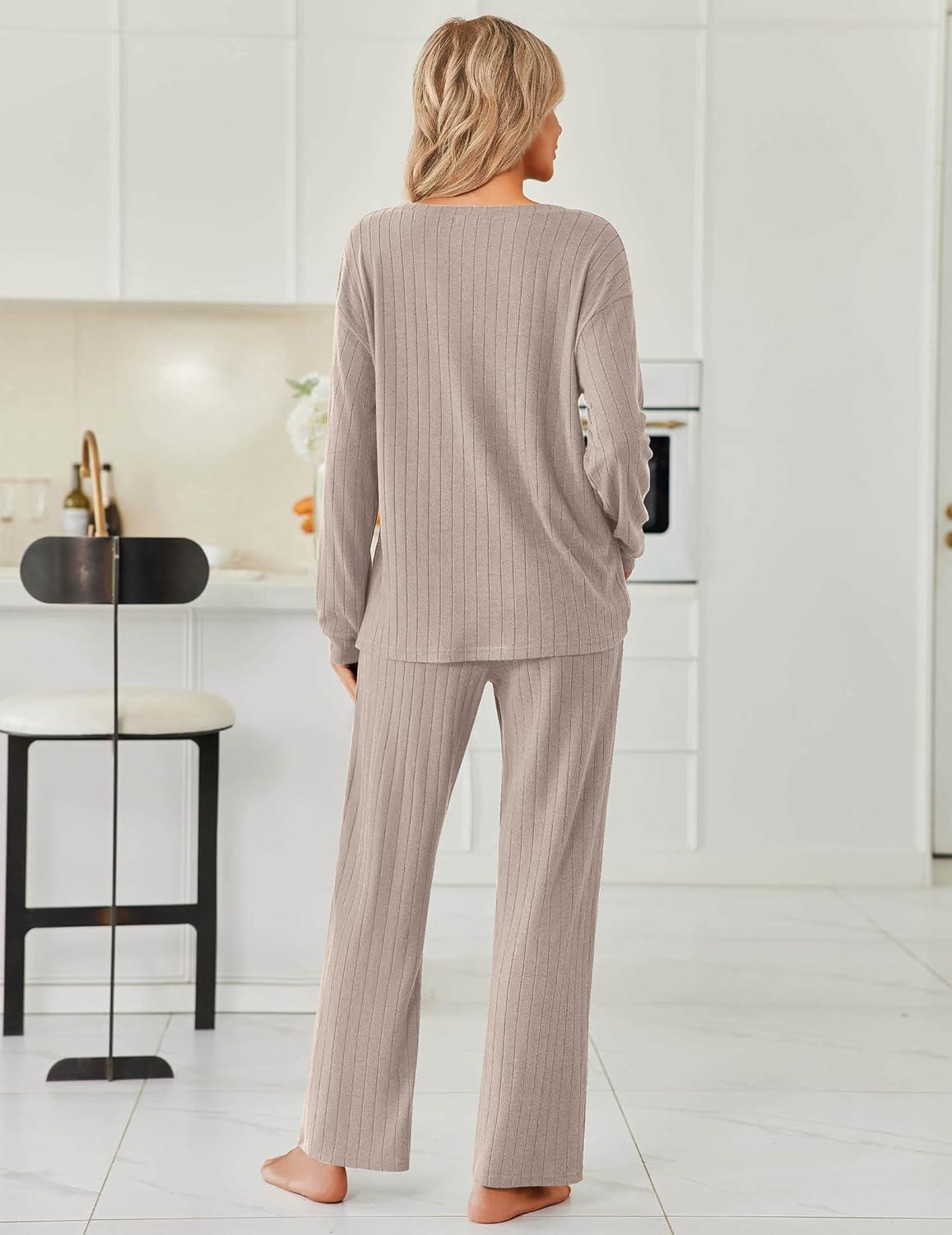 imageEkouaer Womens Pajamas Set 2 Piece Lounge Sets Ribbed Knit Button Down Pjs Set Fleece Long Sleeve SleepwearTaupe Gray