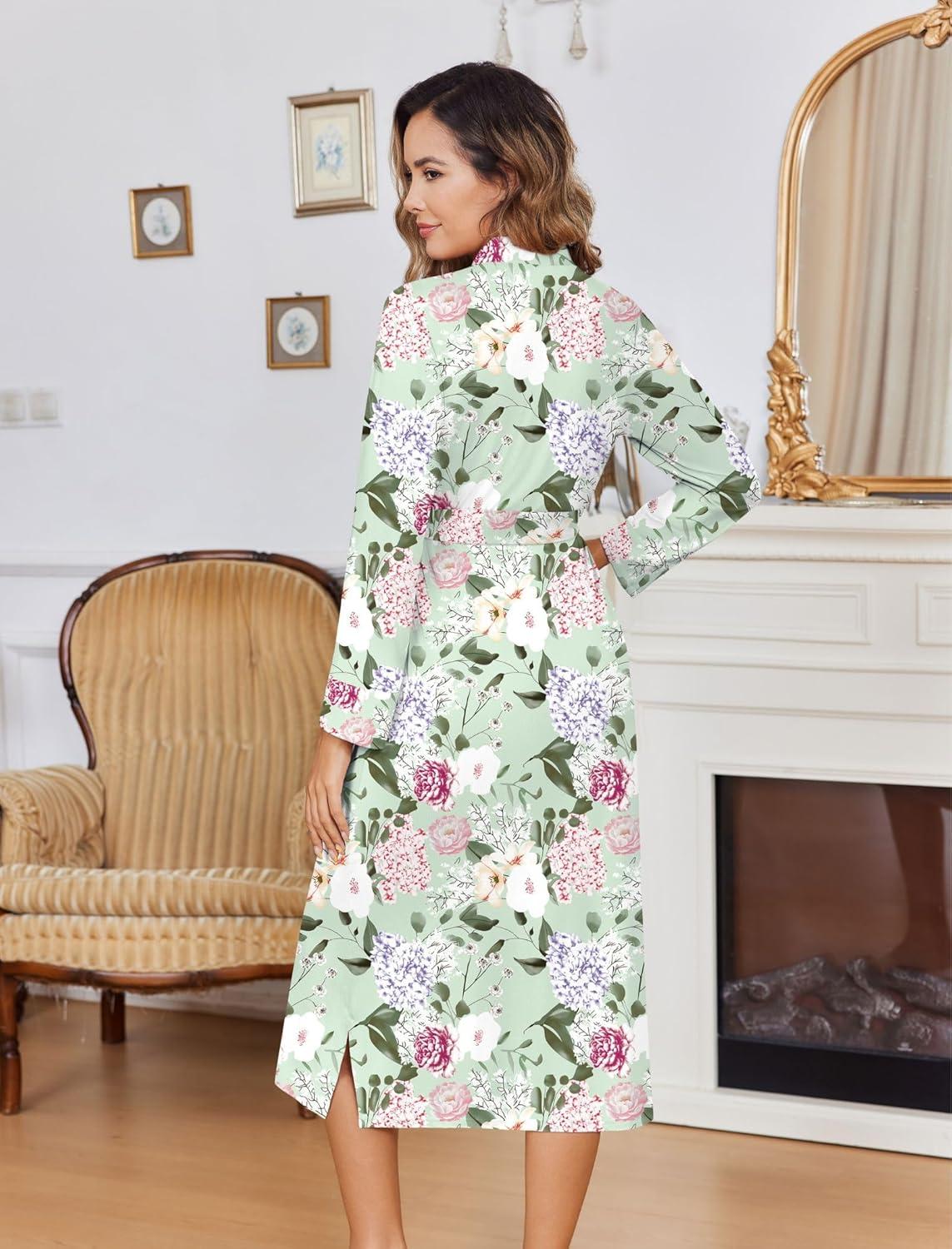 imageEkouaer Womens Robe Long Knit Kimono Bathrobe Lightweight Sleepwear Soft Ladies Loungewear with Pockets SXXLGreen Leaves Red Floral