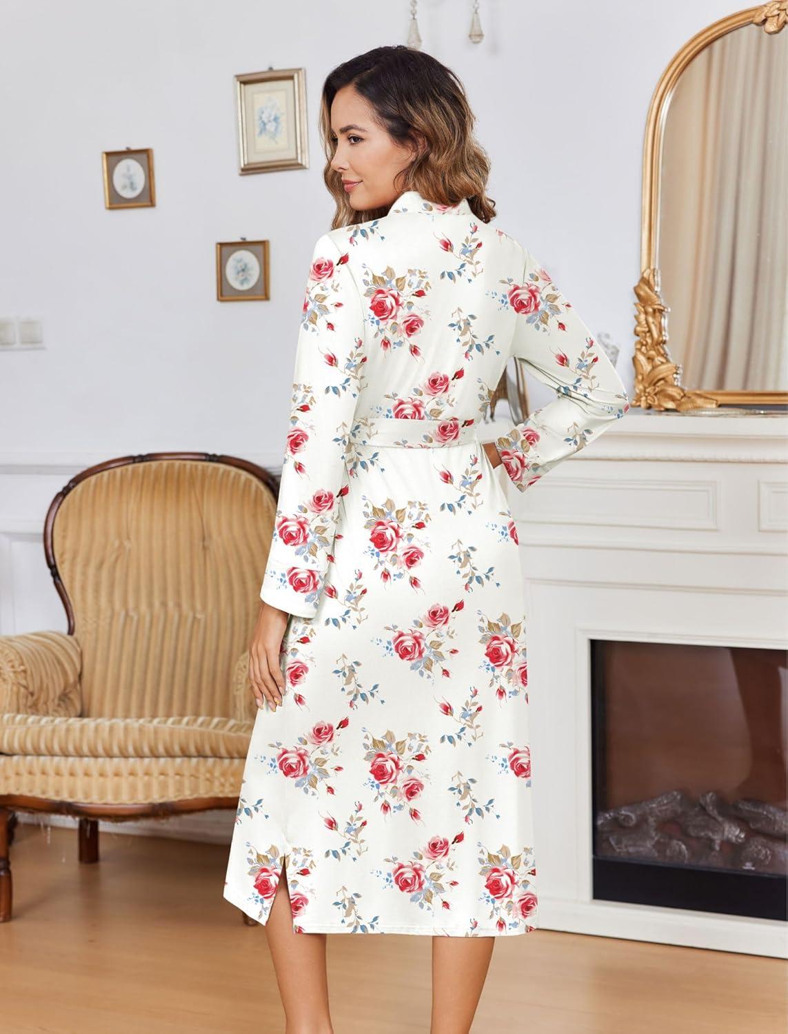 imageEkouaer Womens Robe Long Knit Kimono Bathrobe Lightweight Sleepwear Soft Ladies Loungewear with Pockets SXXLWhite Red Flowers