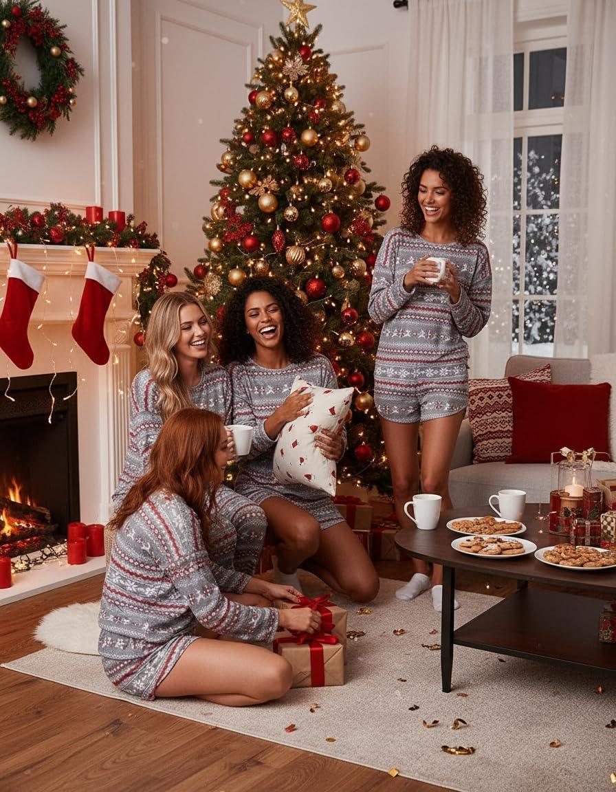 imageEkouaer Womens Waffle Knit Pajama Sets Long Sleeve Top and Shorts Matching Lounge Set Loungewear Sweatsuit with PocketsBgrey Christmas Pattern