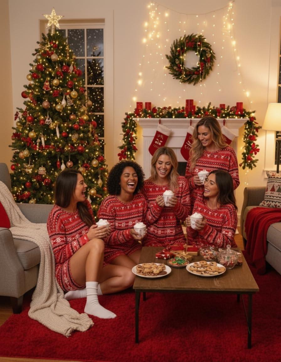 imageEkouaer Womens Waffle Knit Pajama Sets Long Sleeve Top and Shorts Matching Lounge Set Loungewear Sweatsuit with PocketsBred Christmas Pattern