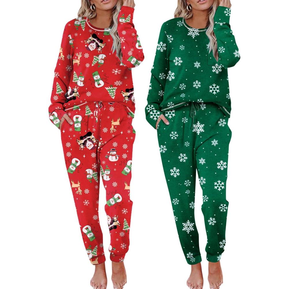 imageEkouaer 2 Pack Womens Pajama Sets Long Sleeve Lounge Sets Soft Pj Sleepwear LoungewearChristmas PrintGreen Snowflakes