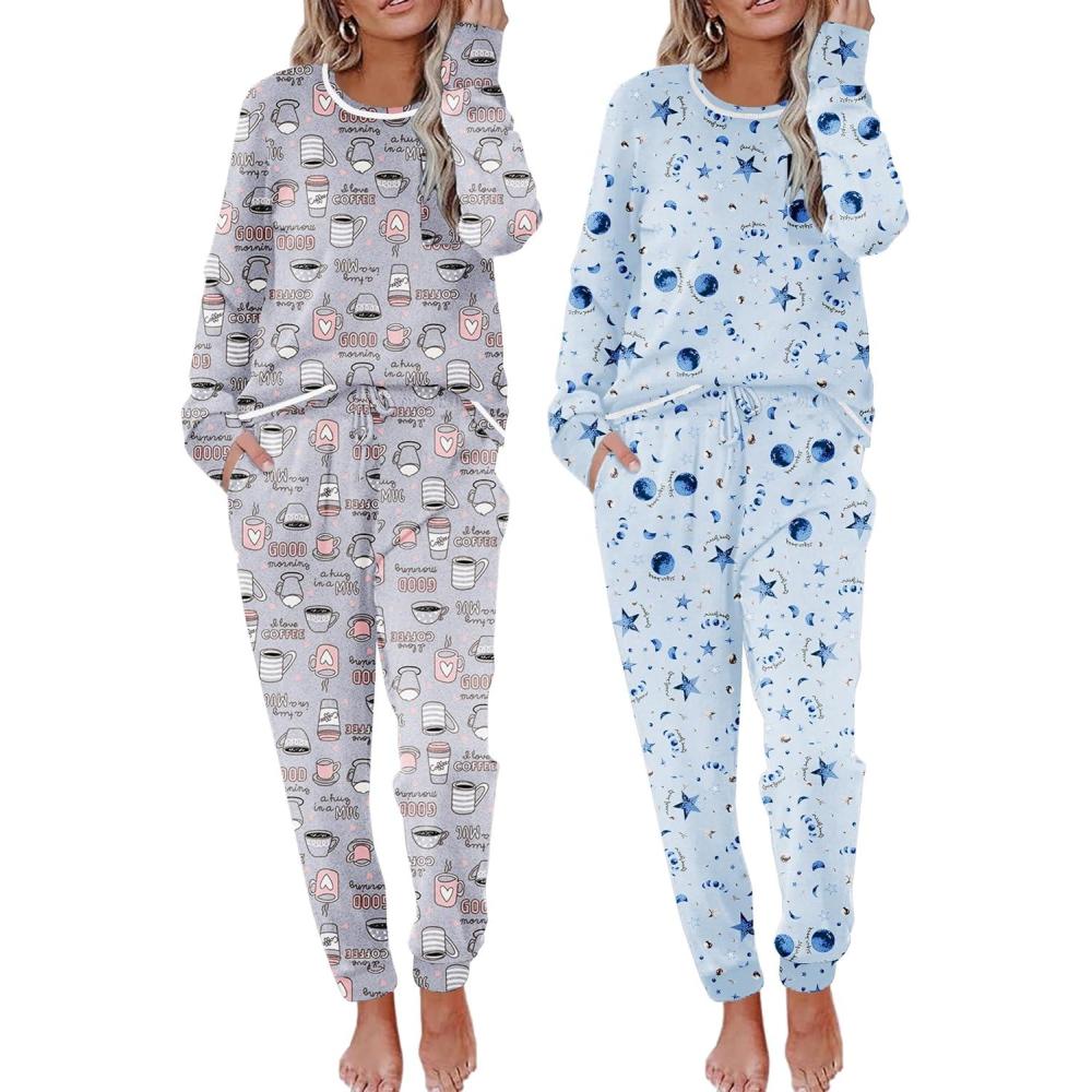 imageEkouaer 2 Pack Womens Pajama Sets Long Sleeve Lounge Sets Soft Pj Sleepwear LoungewearCoffee GrayStar Blue