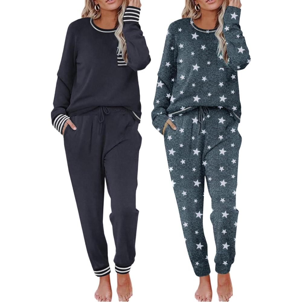 imageEkouaer 2 Pack Womens Pajama Sets Long Sleeve Lounge Sets Soft Pj Sleepwear LoungewearNavy BlueGrey Star