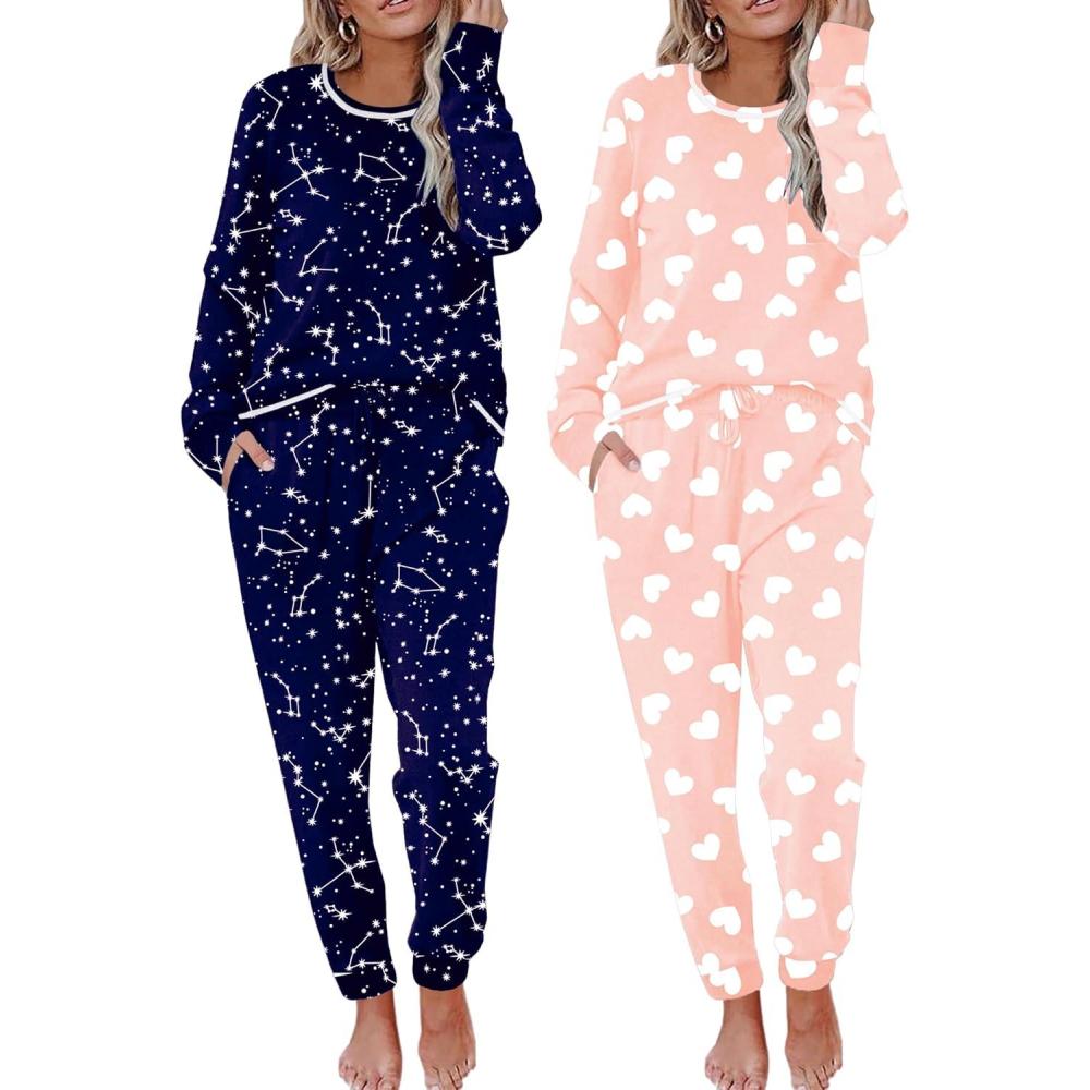 imageEkouaer 2 Pack Womens Pajama Sets Long Sleeve Lounge Sets Soft Pj Sleepwear LoungewearPink Heart Navy Star