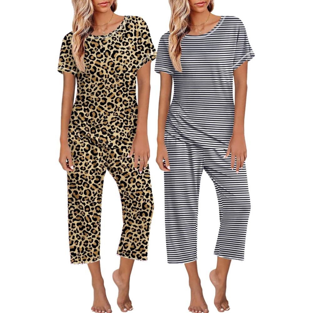imageEkouaer 2 Pack Womens Pajamas Sets Short Sleeve Tops and Capri Pants Pjs Colorful Printed Sleepwear SetsBlack Stripeleopard