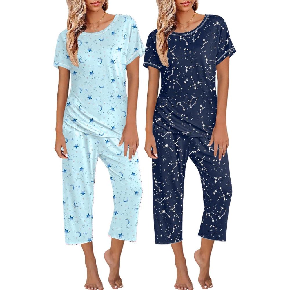 imageEkouaer 2 Pack Womens Pajamas Sets Short Sleeve Tops and Capri Pants Pjs Colorful Printed Sleepwear SetsBlue Stars Moon
