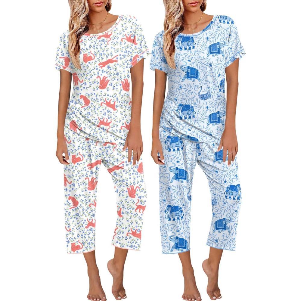 imageEkouaer 2 Pack Womens Pajamas Sets Short Sleeve Tops and Capri Pants Pjs Colorful Printed Sleepwear SetsElephantleopard
