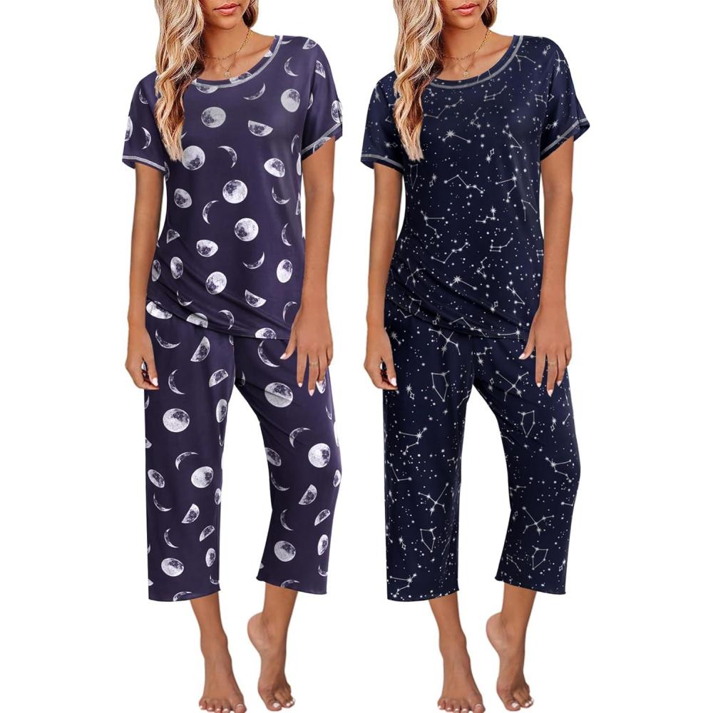 imageEkouaer 2 Pack Womens Pajamas Sets Short Sleeve Tops and Capri Pants Pjs Colorful Printed Sleepwear SetsMoon Stars