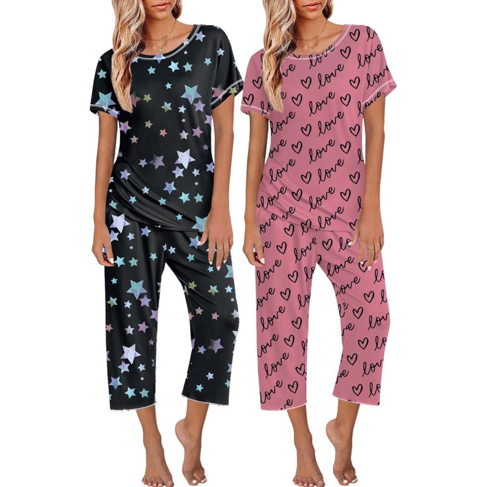 imageEkouaer 2 Pack Womens Pajamas Sets Short Sleeve Tops and Capri Pants Pjs Colorful Printed Sleepwear SetsStars  Love