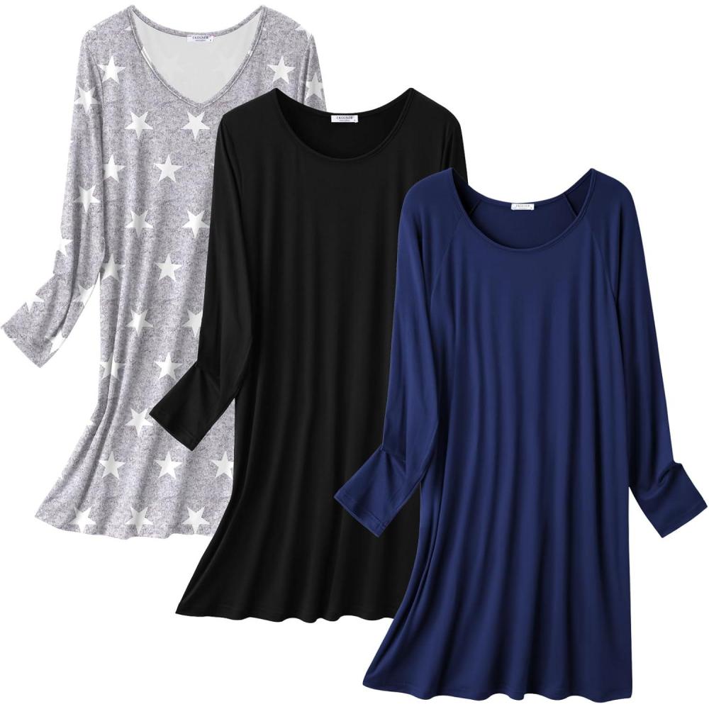 imageEkouaer 3 Pack Womens Nightgowns Long Sleeve Sleep Shirts Comfy Soft Nightshirt Women Pajama Sleep Dress Cute SleepwearBlack navy star
