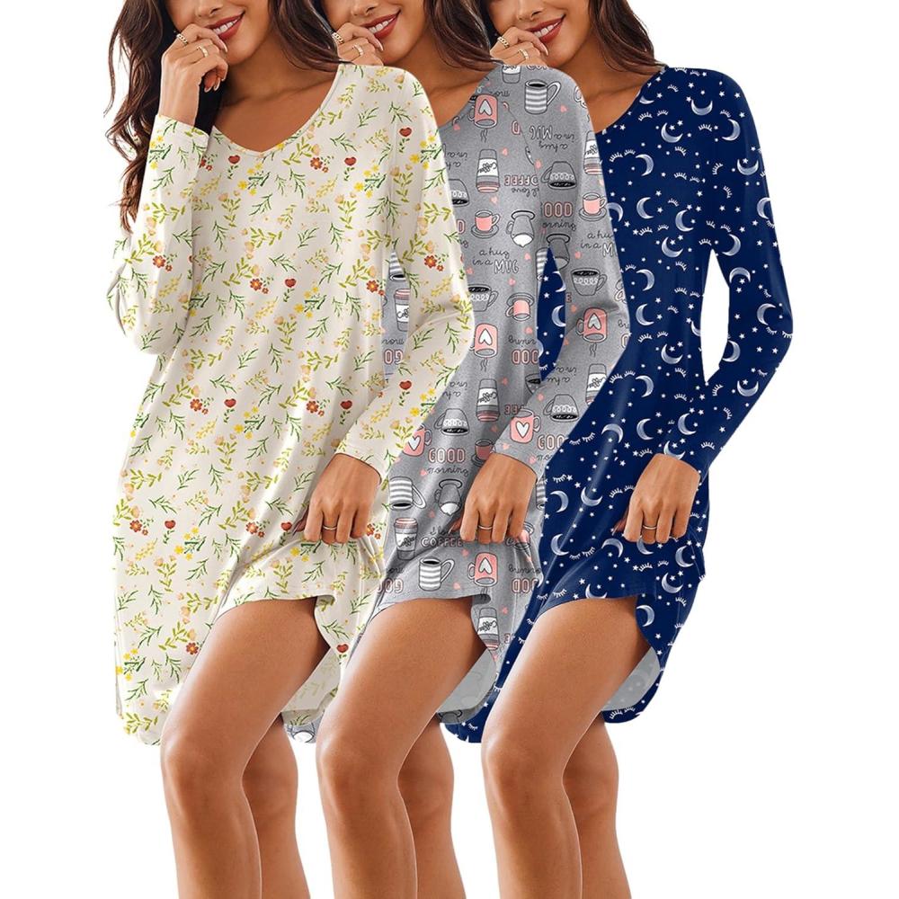imageEkouaer 3 Pack Womens Nightgowns Long Sleeve Sleep Shirts Comfy Soft Nightshirt Women Pajama Sleep Dress Cute SleepwearFlower penguin deep Night