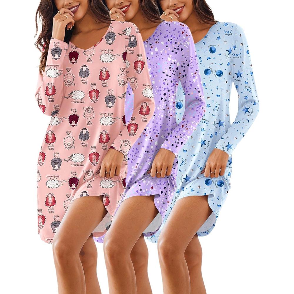 imageEkouaer 3 Pack Womens Nightgowns Long Sleeve Sleep Shirts Comfy Soft Nightshirt Women Pajama Sleep Dress Cute SleepwearStar purple pink Sheep