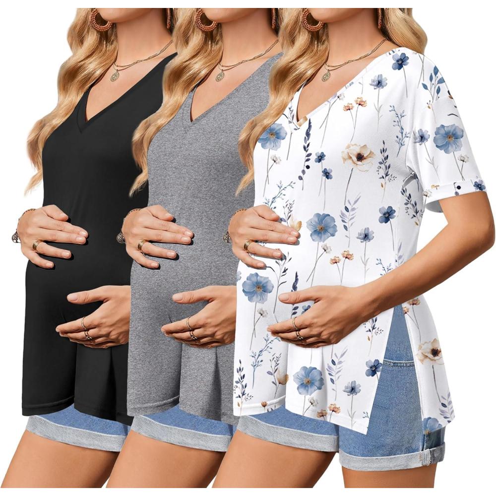 imageEkouaer 3 Packs Womens Maternity Shirts V Neck Pregnancy Tops Short Sleeve Casual Workout Tees Side Split Mama ClothesBlack Grey White Flower3pcs