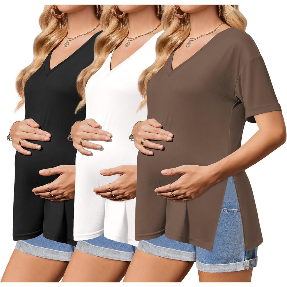 imageEkouaer 3 Packs Womens Maternity Shirts V Neck Pregnancy Tops Short Sleeve Casual Workout Tees Side Split Mama ClothesBlack White Brown3pcs