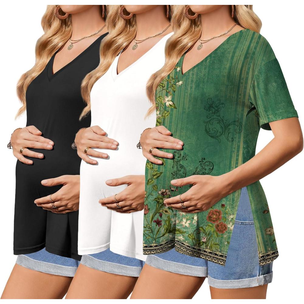 imageEkouaer 3 Packs Womens Maternity Shirts V Neck Pregnancy Tops Short Sleeve Casual Workout Tees Side Split Mama ClothesBlack White Green Flower3pcs