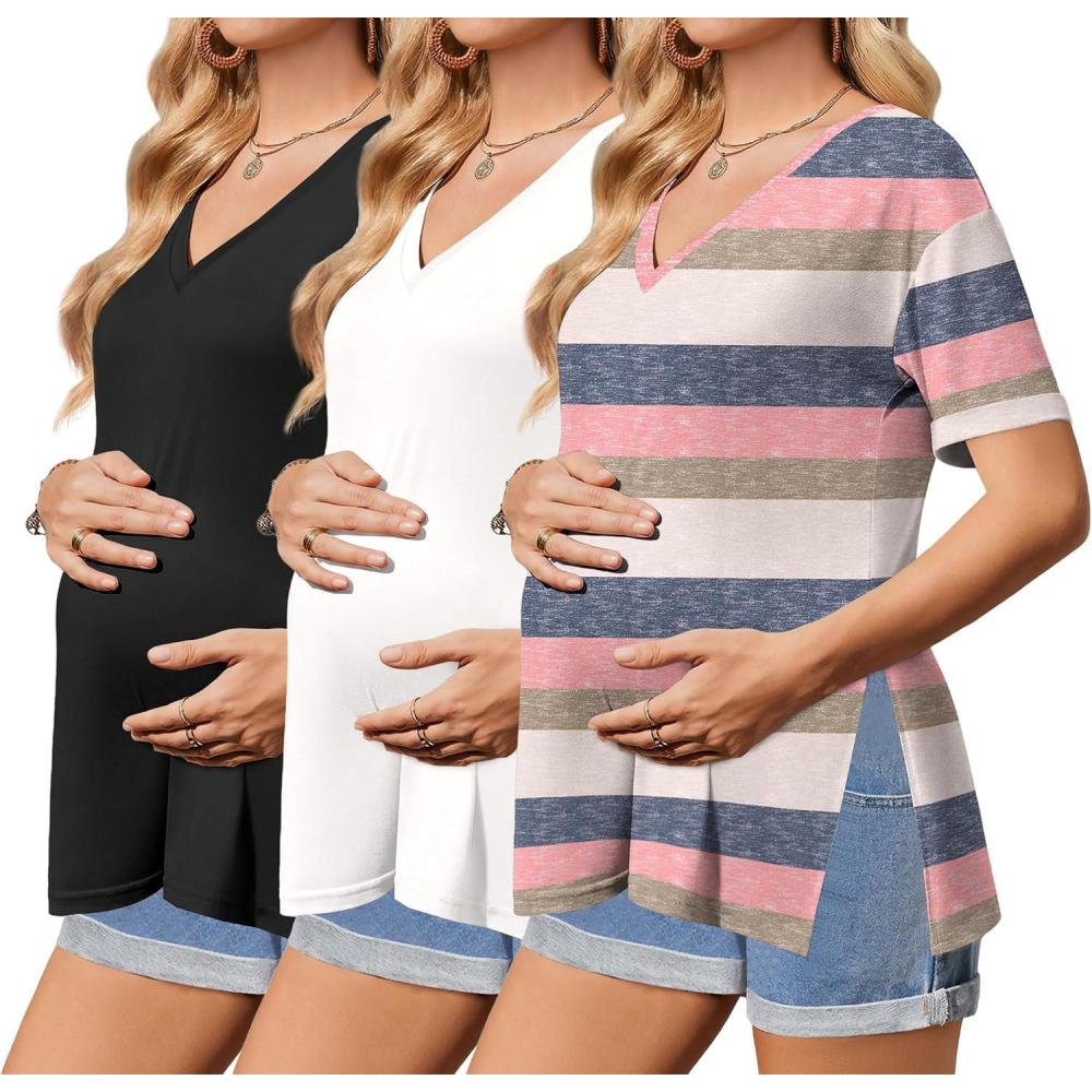 imageEkouaer 3 Packs Womens Maternity Shirts V Neck Pregnancy Tops Short Sleeve Casual Workout Tees Side Split Mama ClothesBlack White Stripe3pcs