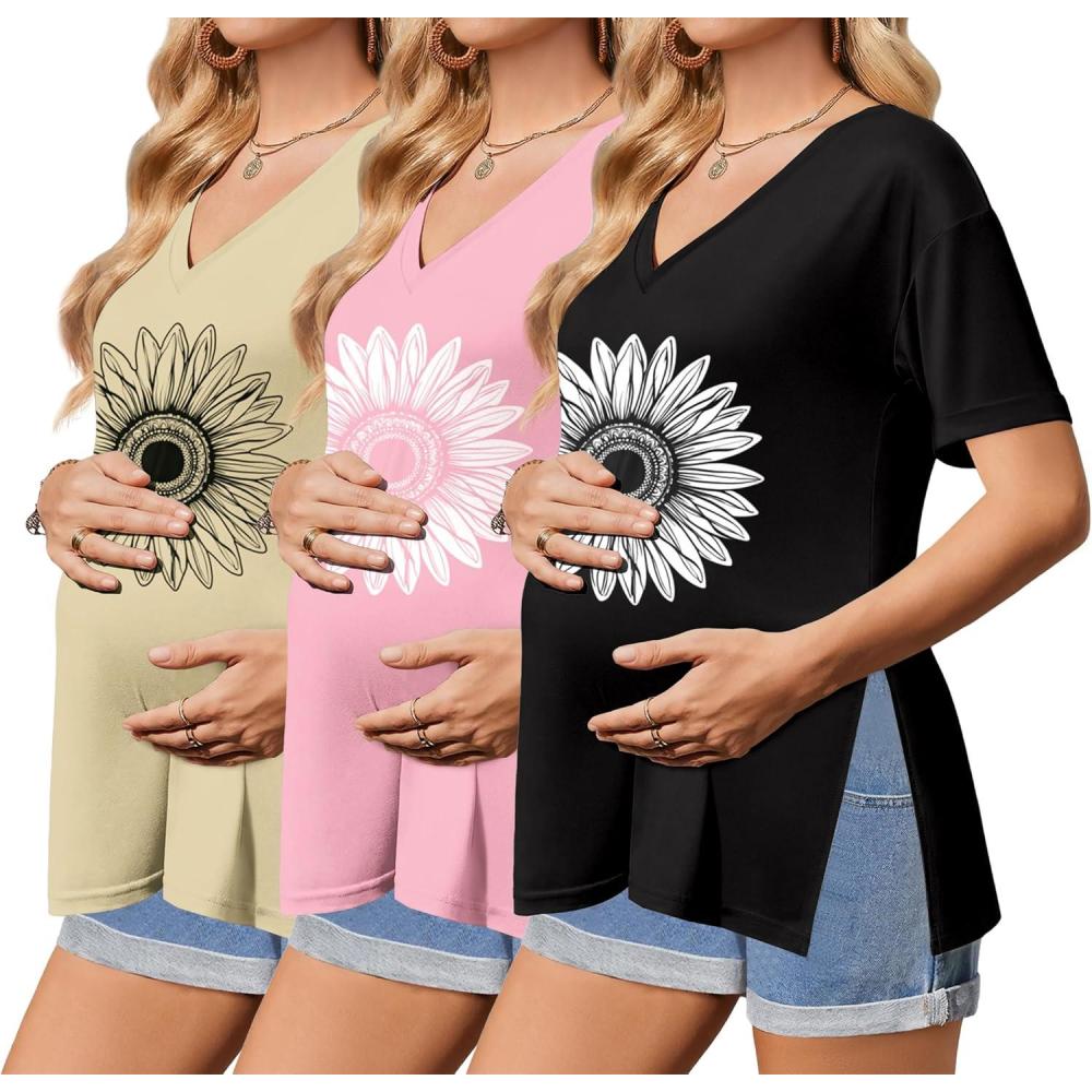 imageEkouaer 3 Packs Womens Maternity Shirts V Neck Pregnancy Tops Short Sleeve Casual Workout Tees Side Split Mama ClothesPink Sunflower Khaki Sunflower Black Sunflower3pcs