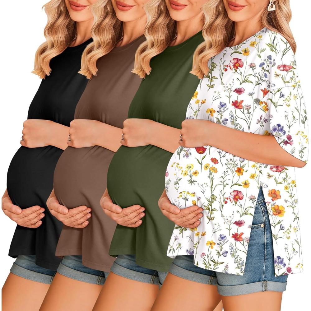 imageEkouaer 4 Packs Womens Maternity Shirts Short Sleeve Split Side Pregnancy Tee Tops Tunic Blouse Mama Clothes4pcs Black Brown Floral 403 Army Green