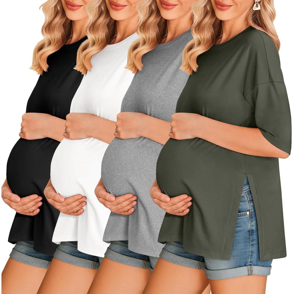 imageEkouaer 4 Packs Womens Maternity Shirts Short Sleeve Split Side Pregnancy Tee Tops Tunic Blouse Mama Clothes4pcs Black Brown Grey Army Green