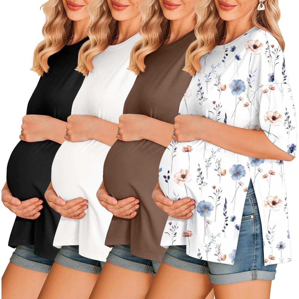 imageEkouaer 4 Packs Womens Maternity Shirts Short Sleeve Split Side Pregnancy Tee Tops Tunic Blouse Mama Clothes4pcs Black Brown Grey Floral White