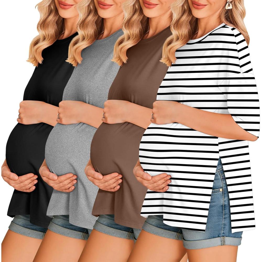 imageEkouaer 4 Packs Womens Maternity Shirts Short Sleeve Split Side Pregnancy Tee Tops Tunic Blouse Mama Clothes4pcs Black Brown Grey Stripe