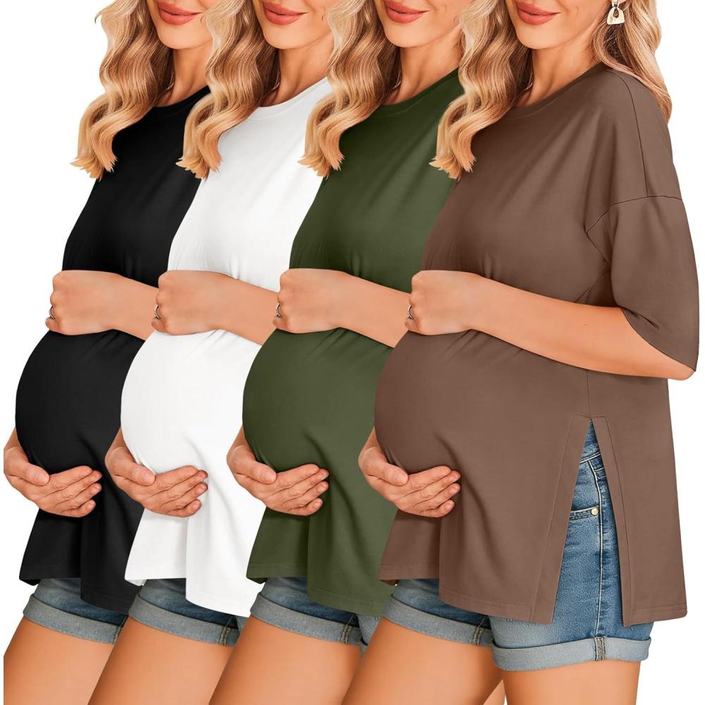 imageEkouaer 4 Packs Womens Maternity Shirts Short Sleeve Split Side Pregnancy Tee Tops Tunic Blouse Mama Clothes4pcs Black Brown White Army Green