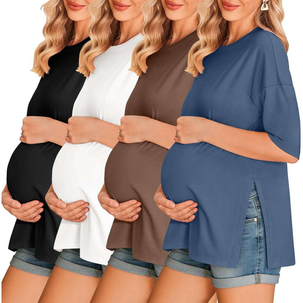 imageEkouaer 4 Packs Womens Maternity Shirts Short Sleeve Split Side Pregnancy Tee Tops Tunic Blouse Mama Clothes4pcs Black Brown White Blue