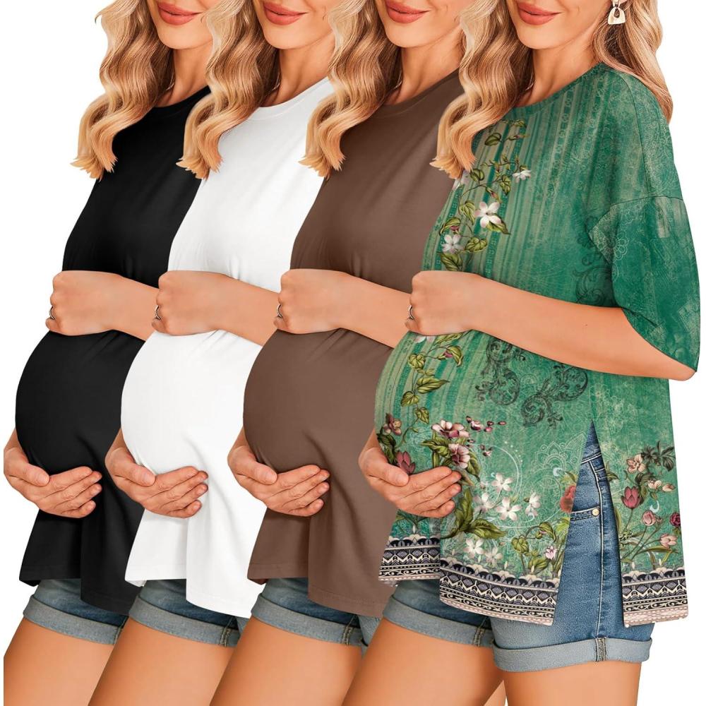 imageEkouaer 4 Packs Womens Maternity Shirts Short Sleeve Split Side Pregnancy Tee Tops Tunic Blouse Mama Clothes4pcs Black Brown White Floral Green