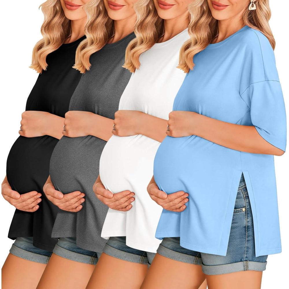 imageEkouaer 4 Packs Womens Maternity Shirts Short Sleeve Split Side Pregnancy Tee Tops Tunic Blouse Mama Clothes4pcs Black White Light Blue Dark Grey