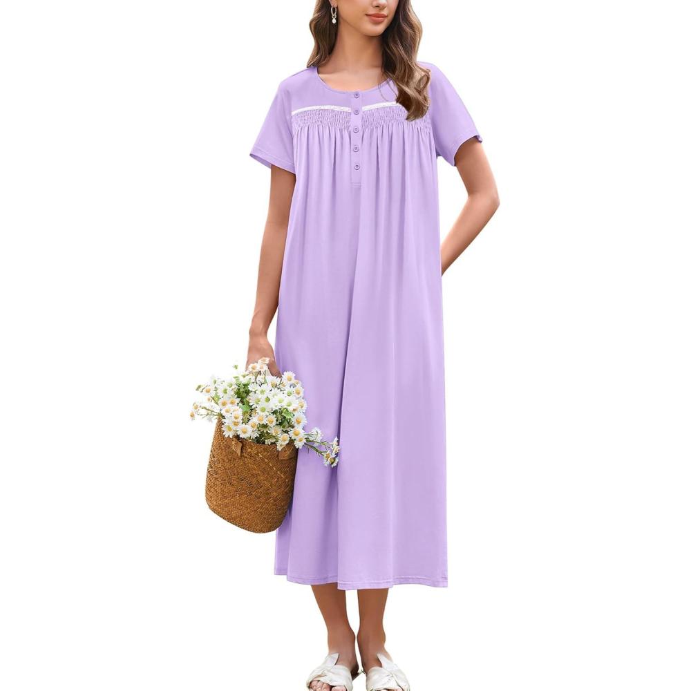 imageEkouaer Cotton Nightgowns for Women Long Night Gown Short Sleeve Sleepdress Victorian Sleepwear Nightdress with PocketsLilac Purple