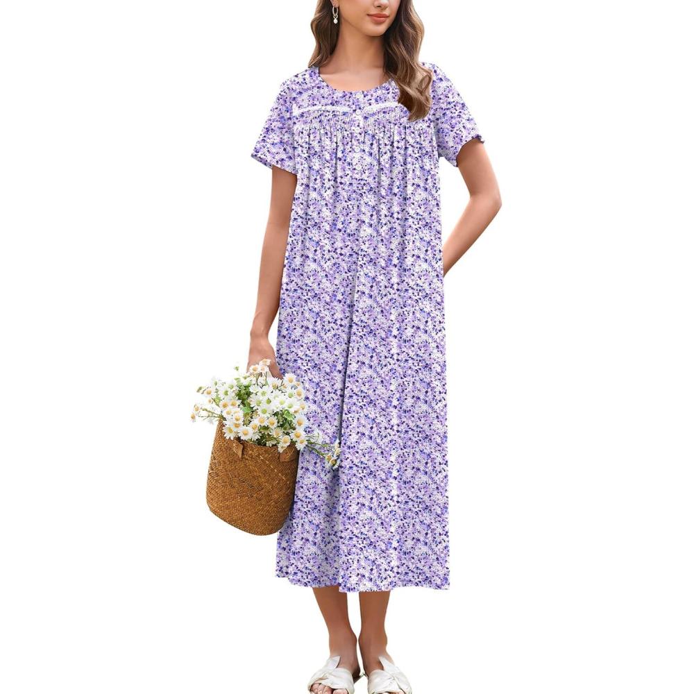 imageEkouaer Cotton Nightgowns for Women Long Night Gown Short Sleeve Sleepdress Victorian Sleepwear Nightdress with PocketsPurple Dots