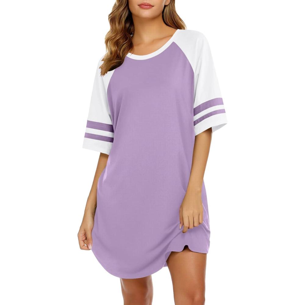 imageEkouaer Cotton Nightgowns for Women Short Sleeve Sleep Shirts Crew Neck Night Shirts Soft Color Block Night GownLight Purple