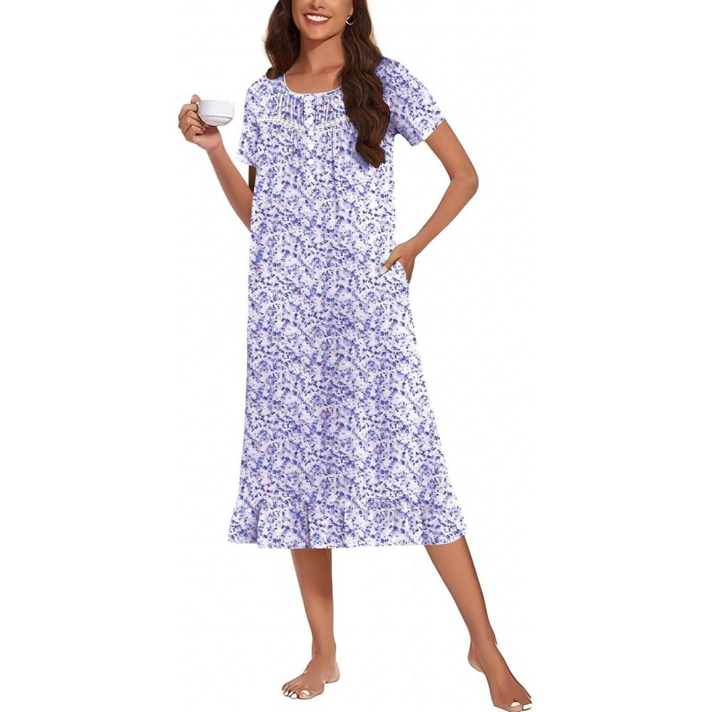 imageEkouaer Cotton Nightgowns for Women Soft Long Button Night Gowns Comfy House Dress with Pockets Short Sleeve Sleepwear S3XLBlue Dot