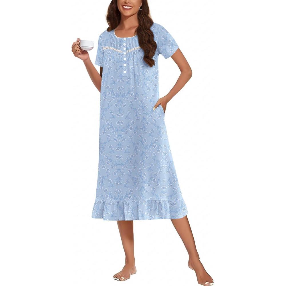 imageEkouaer Cotton Nightgowns for Women Soft Long Button Night Gowns Comfy House Dress with Pockets Short Sleeve Sleepwear S3XLLight Blue Flowers